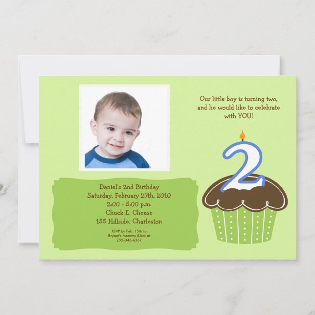 2 year old CUPCAKE PHOTO BIRTHDAY INVITE (Front)