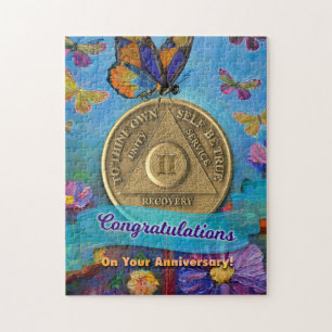 2 Year Sober Anniversary Coin Butterflies Flowers Jigsaw Puzzle