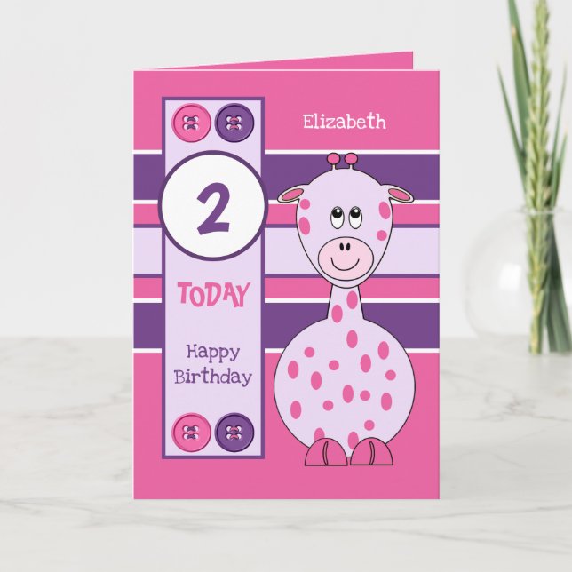 2 years old any age giraffe kids birthday pink card (Front)
