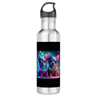 2 Young Chihuahua Pups In Colorful Christmas Scene 710 Ml Water Bottle