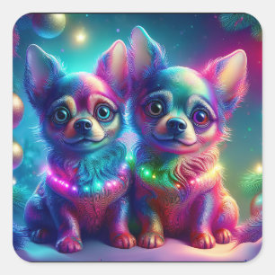 2 Young Chihuahua Pups In Colorful Christmas Scene Square Sticker