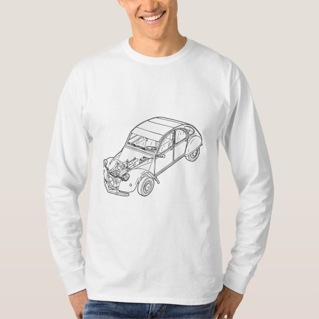 2CV Citroen with visible engine line art T-Shirt (Front)
