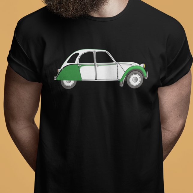 2CV Deux Chevaux Dolly Oldtimer Green T-Shirt (2CV Car Magnet in Black with a White Green Deux Chevaux Dolly Illustration)