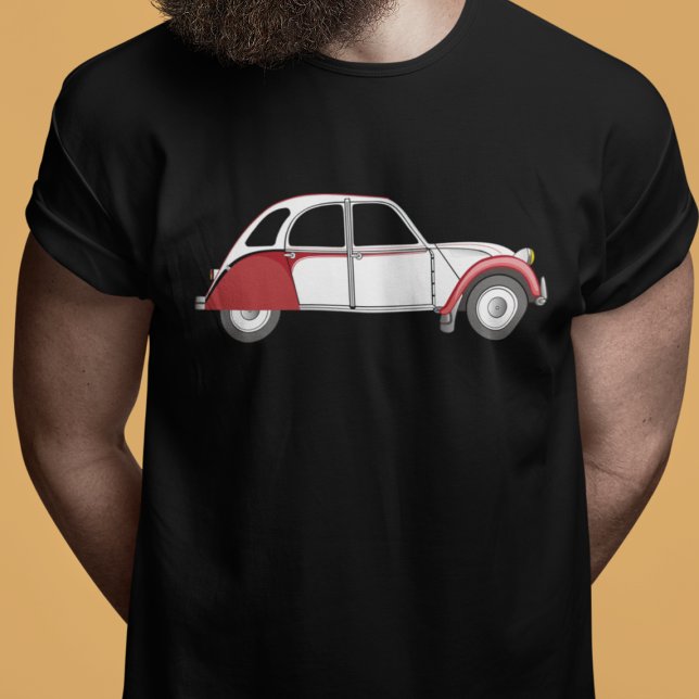 2CV Deux Chevaux Dolly Oldtimer Red T-Shirt (2CV Car Magnet in Black with a White Red Deux Chevaux Dolly Illustration)