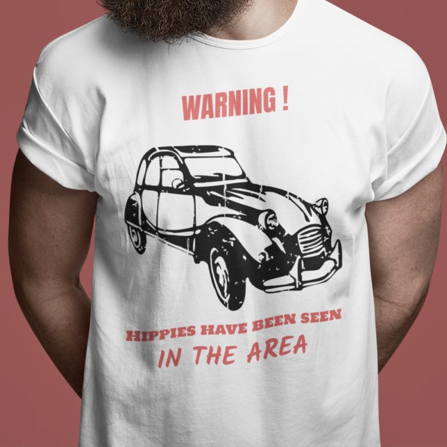 2CV Deux Chevaux Hippie Warning T-Shirt (2CV T-Shirt in White with a Red Text and Black Deux Chevaux Illustration)
