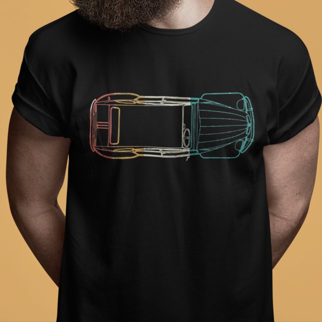 2cv Deux Chevaux Rainbow Blueprint T-Shirt (2CV Blueprint T-Shirt in Black with Red Yellow White and Green Colors)