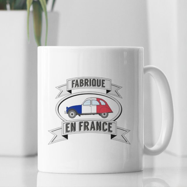 2CV French Flag Badge Manufactured in France Coffee Mug (2CV Mug in Black with a Red White Blue Deux Chevaux Illustration)