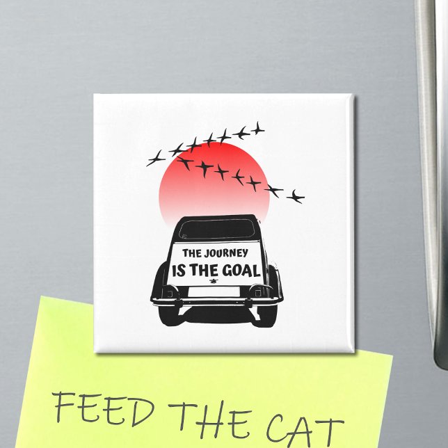 2CV Oldtimer Sunset - The journey is the goal   Magnet (2CV Magnet in White with a Red Sunset and Birds Illustration)