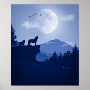 2D Howling wolf landscape Poster