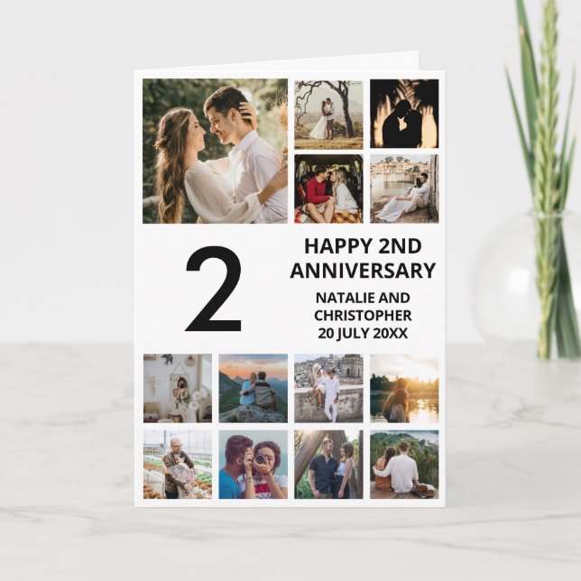2nd Anniversary 13 Photo Collage Black and White Card (Front)