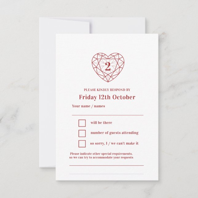 2nd anniversary garnet heart reply RSVP Card (Front)