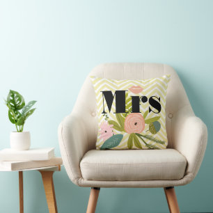 2nd Anniversary Mrs Lips Yellow White Teal ZigZag Cushion