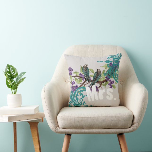 2nd Anniversary Vintage Teal Birds Purple Blooms Cushion (Chair)