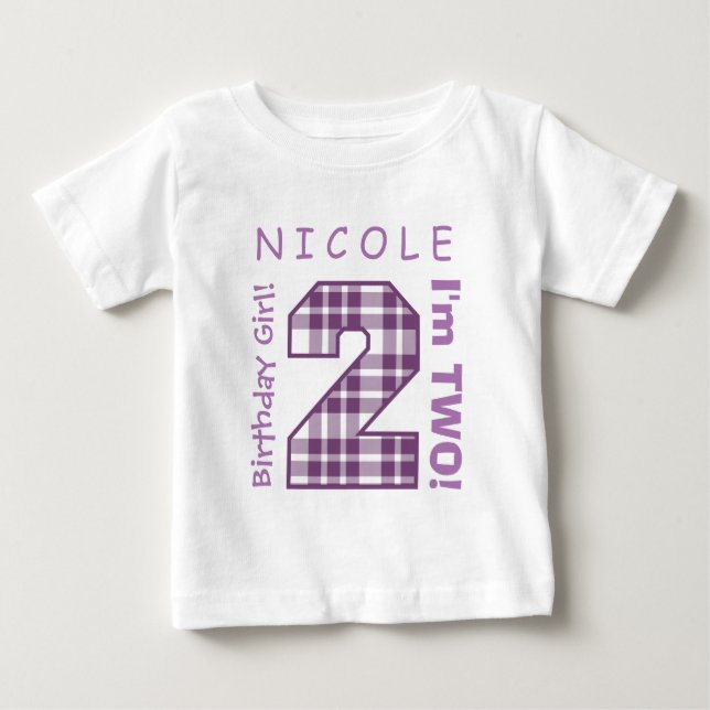2nd BABY Birthday Big Number A42 PURPLE PLAID T-Shirt (Front)