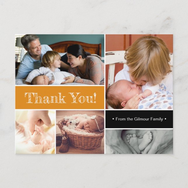 2nd baby photos Orange Thank You baby shower Announcement Postcard (Front)