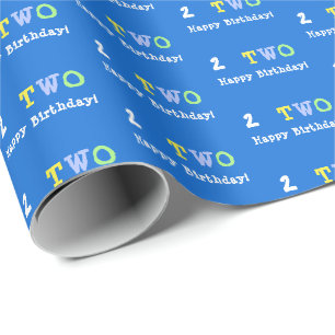 2nd Birthday Age 2 Bright Blue Happy Colourful Gif Wrapping Paper