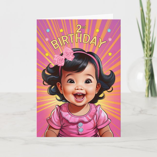 2nd Birthday Asian Baby Girl in Pink Comic Book Card (Front)