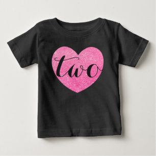2nd Birthday Baby Girl Glitter heart-Print Black T-Shirt