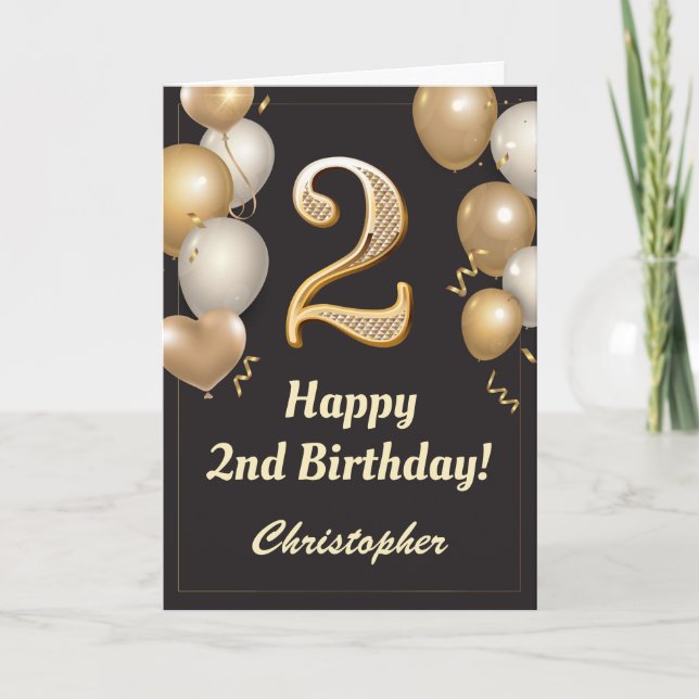 2nd Birthday Black and Gold Balloons Confetti Card (Front)