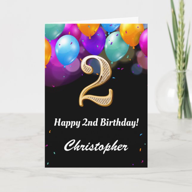 2nd Birthday Black and Gold Colourful Balloons Car Card (Front)