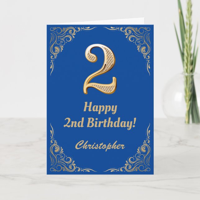 2nd Birthday Blue and Gold Glitter Frame Card (Front)