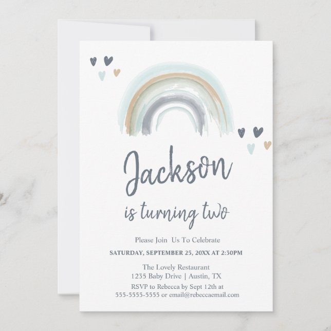 2nd Birthday Blue Boho Rainbow Party Invitation (Front)