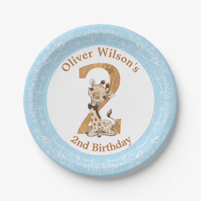 2nd Birthday Blue Boy Baby Giraffe Paper Plate (Front)