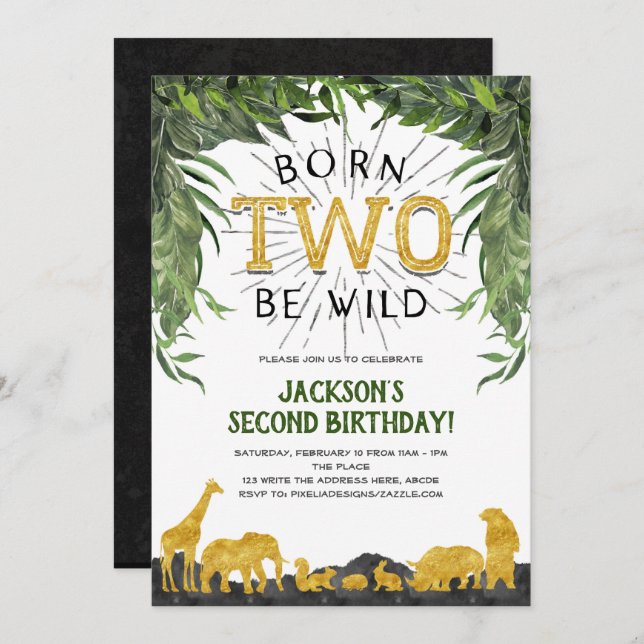2nd birthday, Born to be wild, Safari Animal, Invitation (Front/Back)