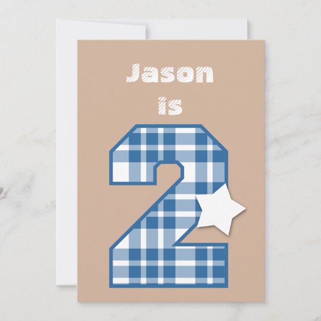 2nd Birthday Boy Custom Name BLUE Plaid B02 Invitation (Front)