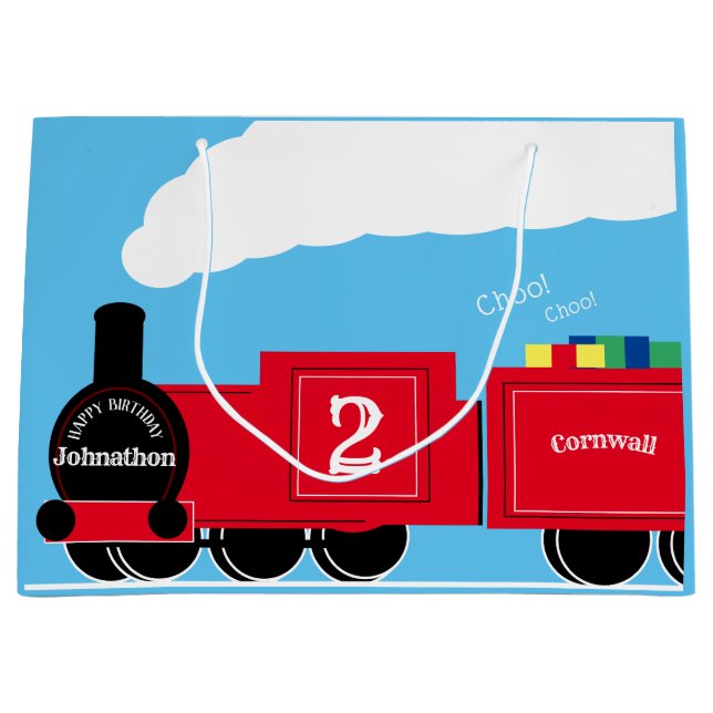 2nd birthday boy train personalized large gift bag (Front)