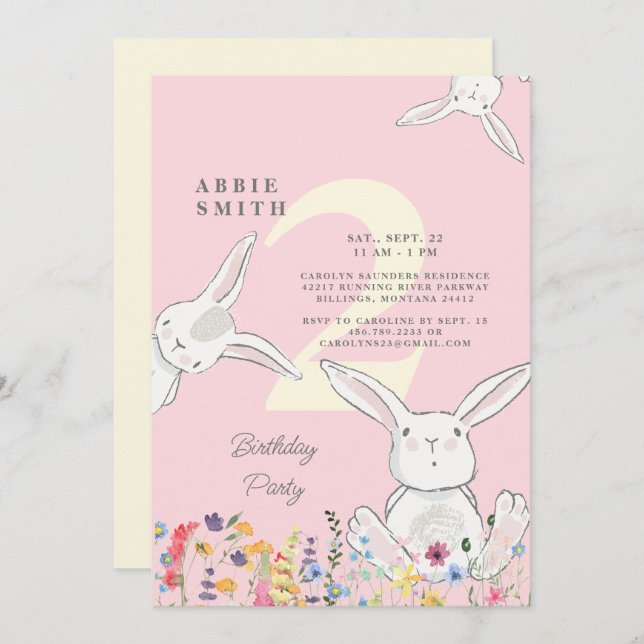 2nd Birthday Bunnies & Wildflowers Pink & Yellow  Invitation (Front/Back)