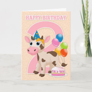 2nd Birthday Card With Little Cow Cake And Balloon