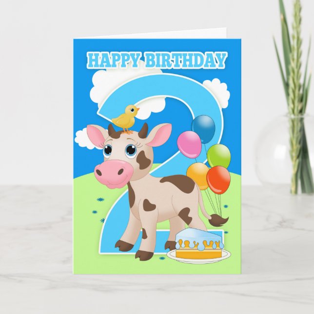 2nd Birthday Card With Little Cow Cake And Balloon (Front)