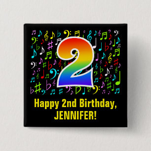 2nd Birthday: Colorful Music Symbols, Rainbow 2 15 Cm Square Badge