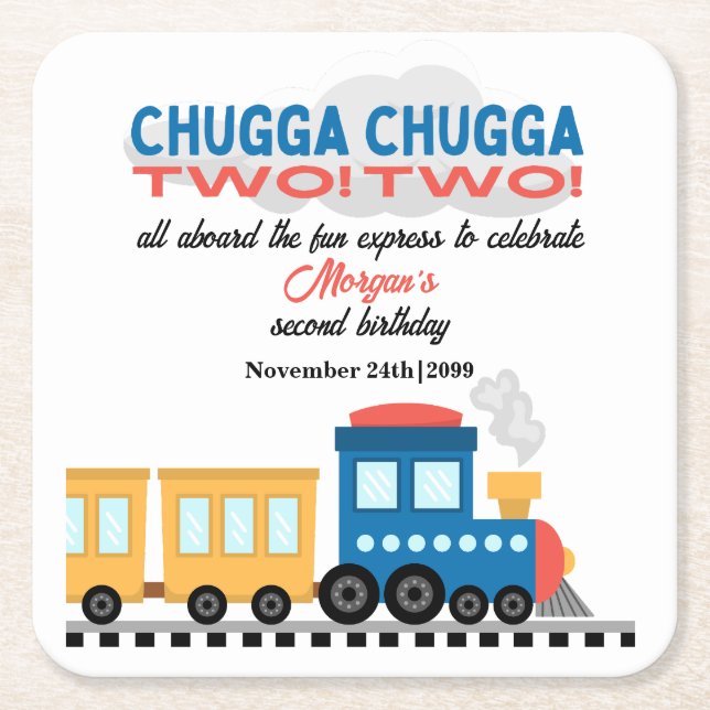 2nd Birthday Colourful Cartoon Train  Square Paper Coaster (Front)