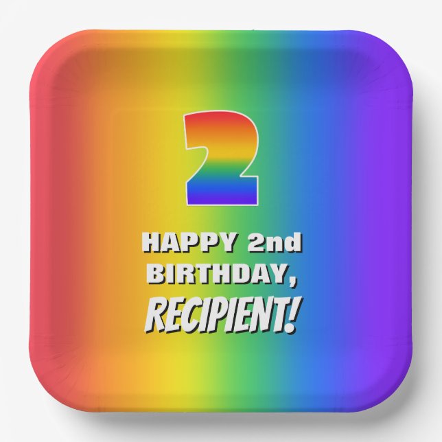2nd Birthday: Colourful, Fun Rainbow Pattern # 2 Paper Plate (Front)