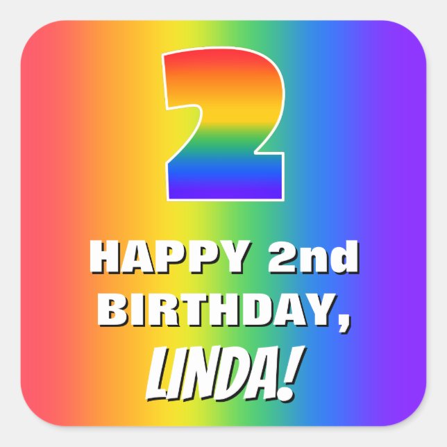 2nd Birthday: Colourful, Fun Rainbow Pattern # 2 Square Sticker (Front)