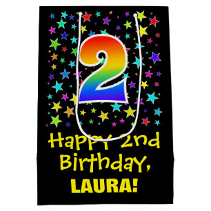 2nd Birthday: Colourful Stars Pattern & Rainbow 2 Medium Gift Bag