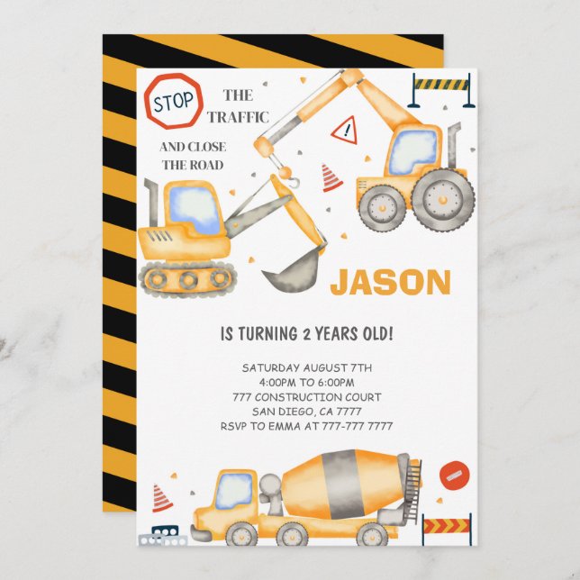 2nd Birthday Construction Boy Invitation (Front/Back)