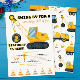 2nd Birthday Construction Crane Invitation 