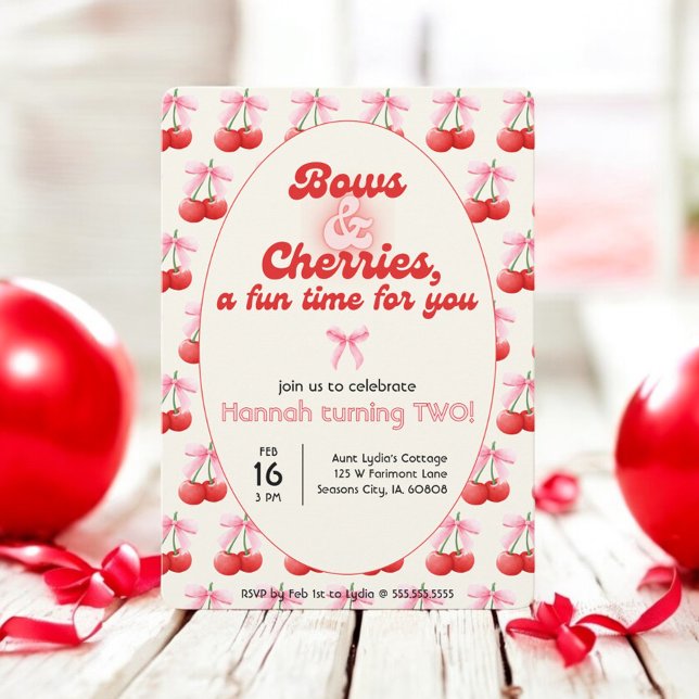 2nd Birthday Coquette Cherries Bows Bubble Letters Invitation (Creator Uploaded)