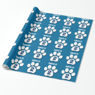 2nd Birthday Custom Name BLUE Paw Prints P05 Wrapping Paper