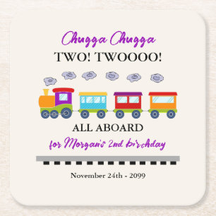 2nd Birthday Cute Colourful Train Square Paper Coaster