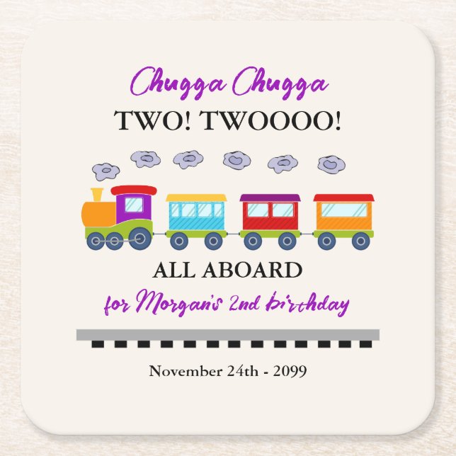 2nd Birthday Cute Colourful Train  Square Paper Coaster (Front)