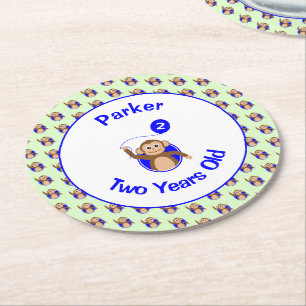 2nd birthday cute monkey blue balloon add name round paper coaster
