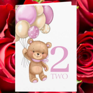 2nd birthday cute pink balloons girl teddy card