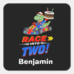 2nd Birthday Dinosaur Race Car Ready Set Square Sticker