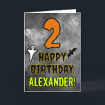 2nd Birthday: Eerie Halloween Theme   Custom Name Card<br><div class="desc">The front of this scary and spooky Hallowe’en themed birthday greeting card design features a large number “2”, along with the message “HAPPY BIRTHDAY, ”, and a customisable name. There are also depictions of a bat and a ghost on the front. The inside features a custom birthday greeting message, or...</div>