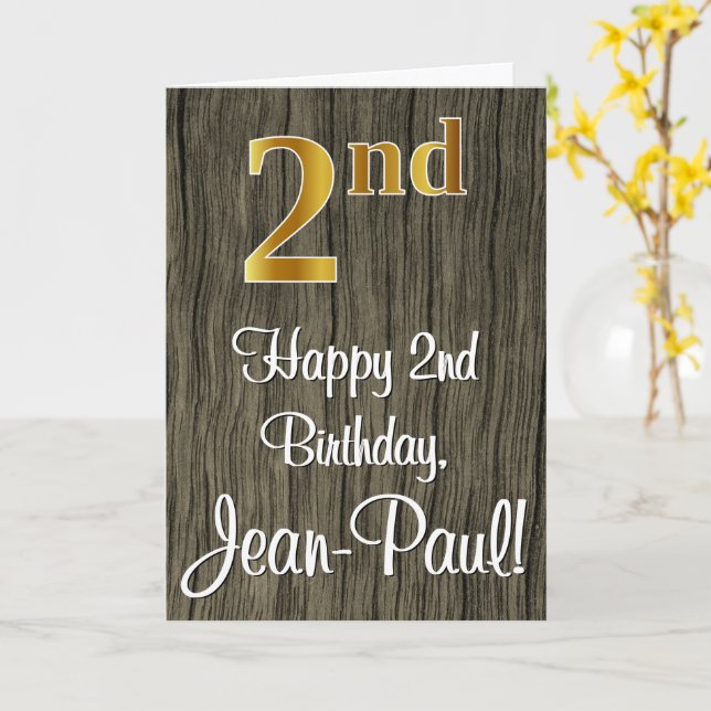 2nd Birthday: Elegant Faux Gold Look #, Faux Wood Card (Yellow Flower)