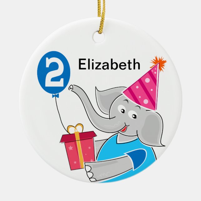 2nd Birthday Elephant Ceramic Tree Decoration (Front)